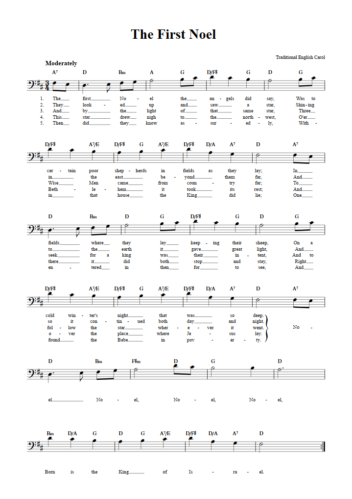 The First Noel Bass Clef Sheet Music