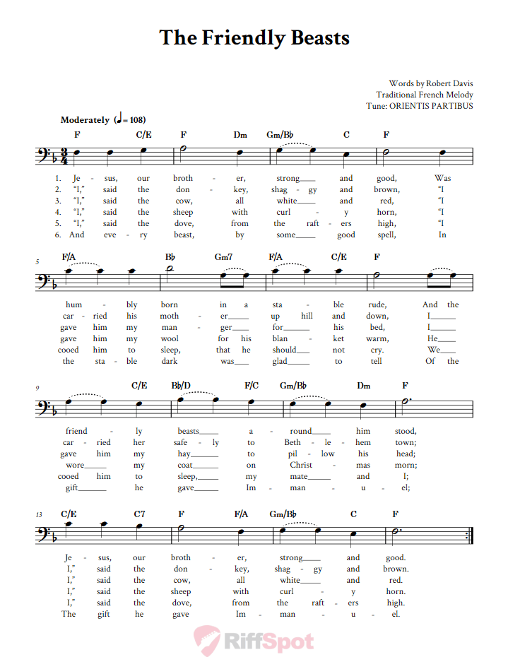 The Friendly Beasts Bass Clef Sheet Music