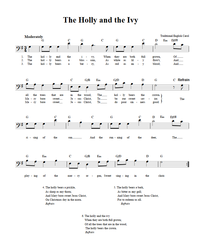 The Holly and the Ivy Bass Clef Sheet Music