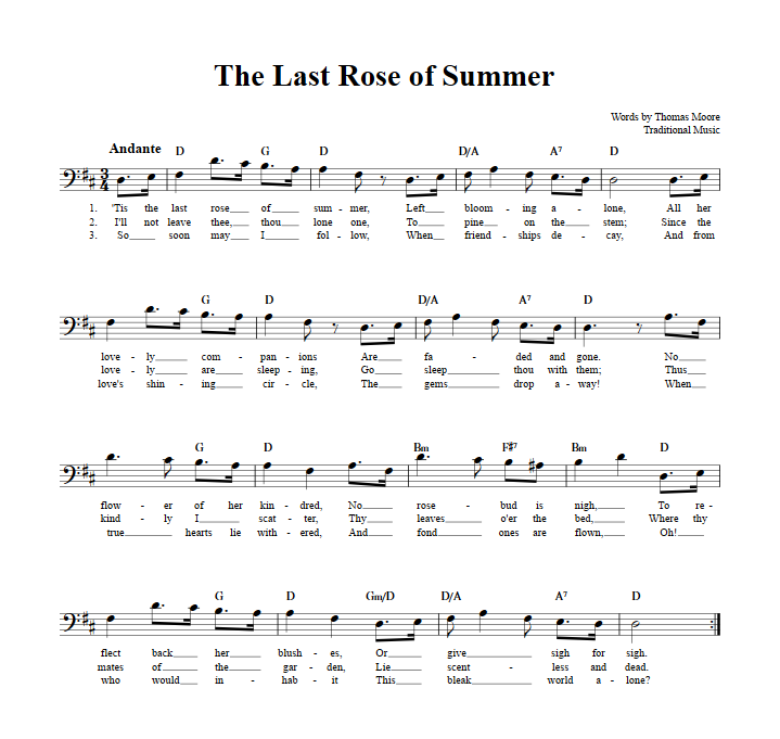 The Last Rose of Summer Bass Clef Sheet Music