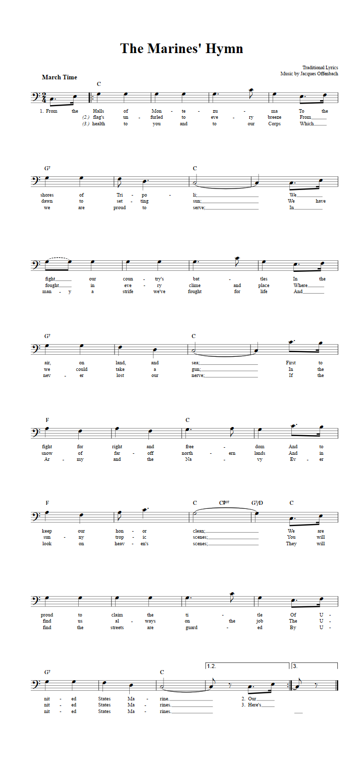 The Marines' Hymn Bass Clef Sheet Music