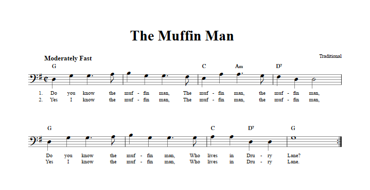 The Muffin Man Bass Clef Sheet Music