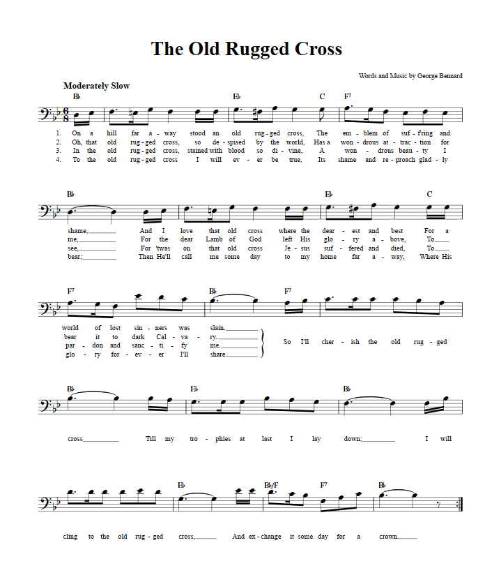 The Old Rugged Cross Bass Clef Sheet Music