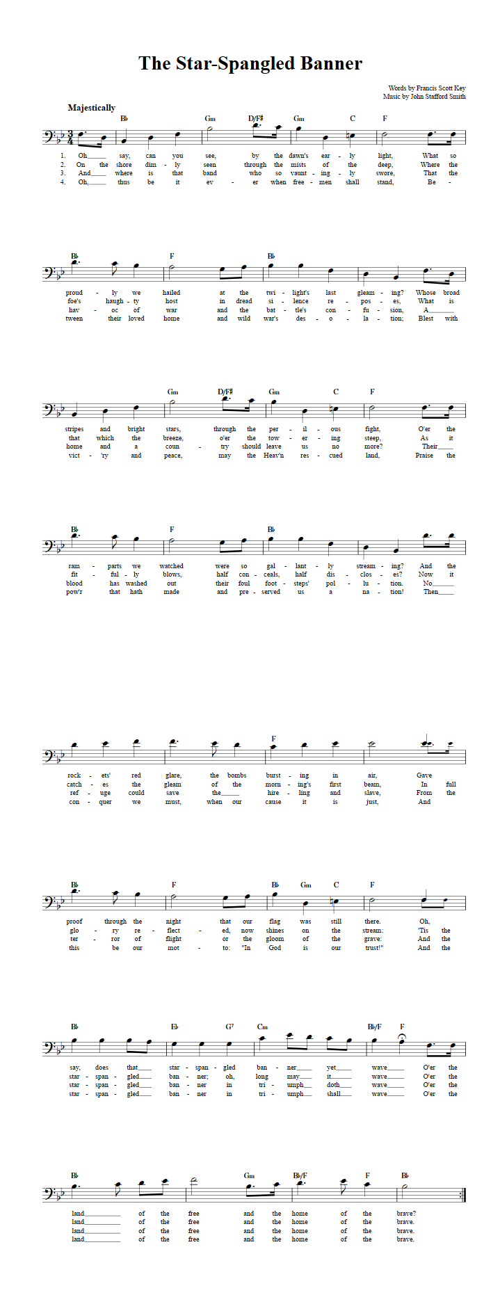 The Star-Spangled Banner Bass Clef Sheet Music