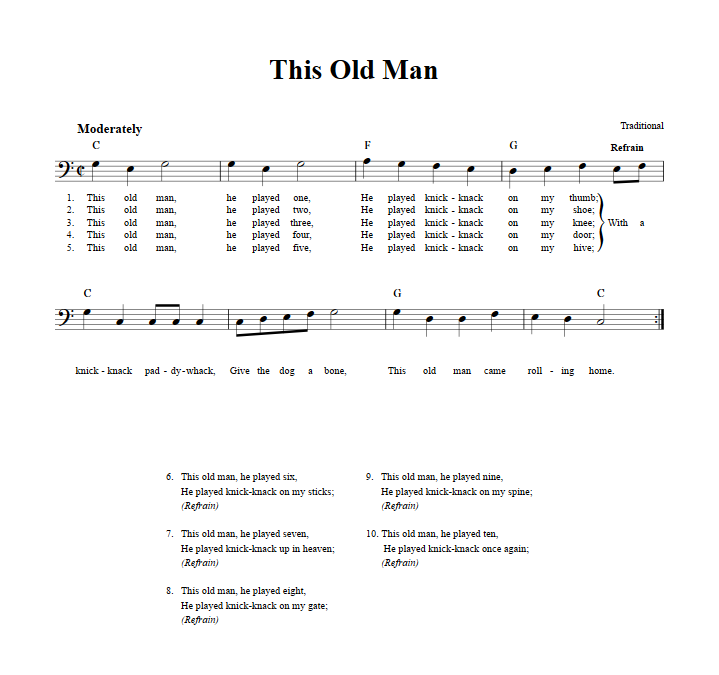 This Old Man Bass Clef Sheet Music