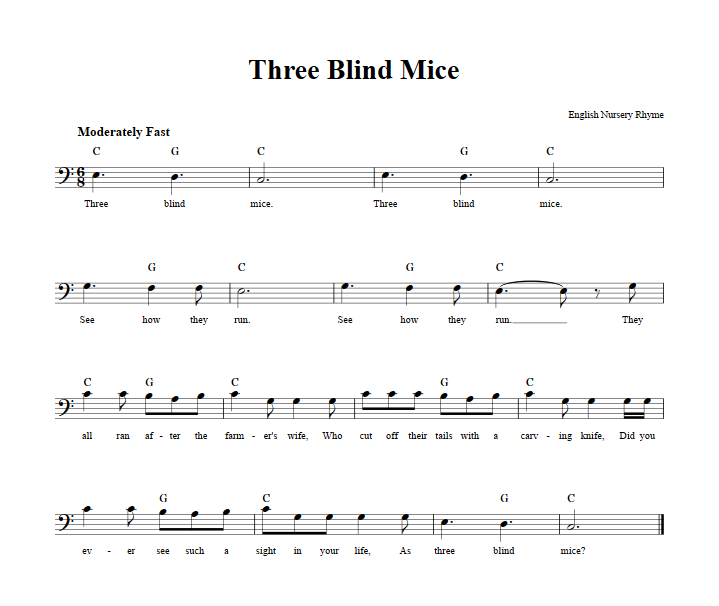 Three Blind Mice Bass Clef Sheet Music