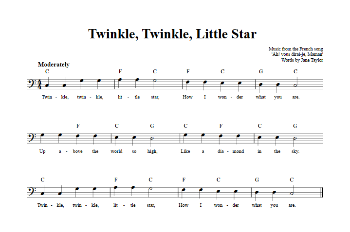 Twinkle, Twinkle, Little Star Bass Clef Sheet Music
