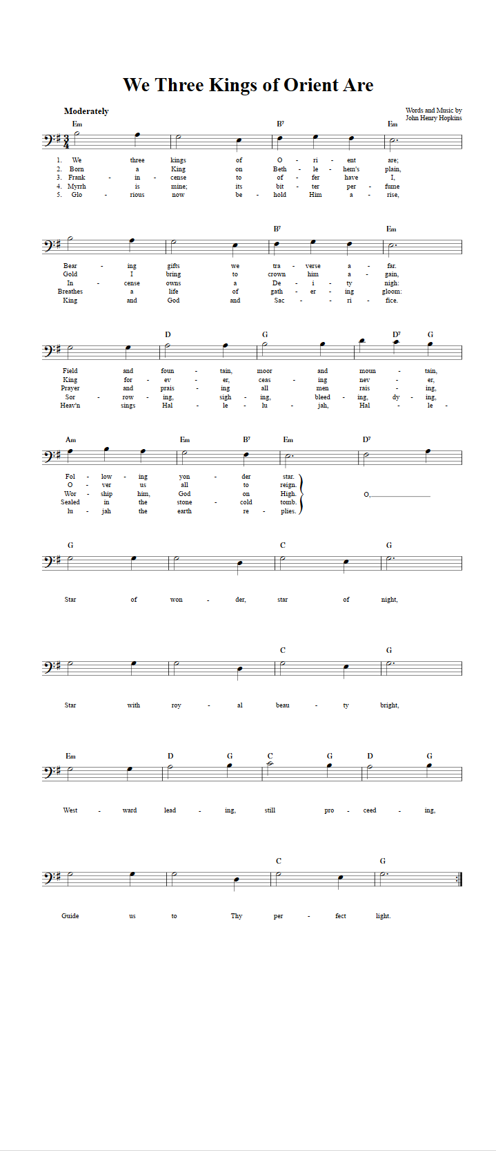 We Three Kings of Orient Are Bass Clef Sheet Music