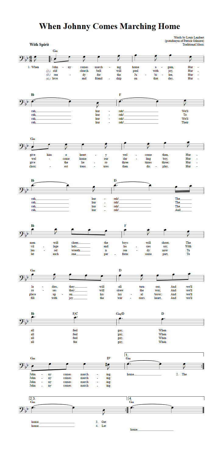 When Johnny Comes Marching Home Bass Clef Sheet Music