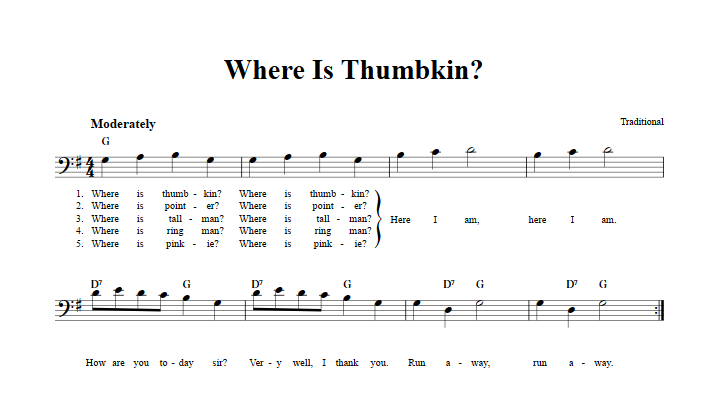 Where Is Thumbkin? Bass Clef Sheet Music