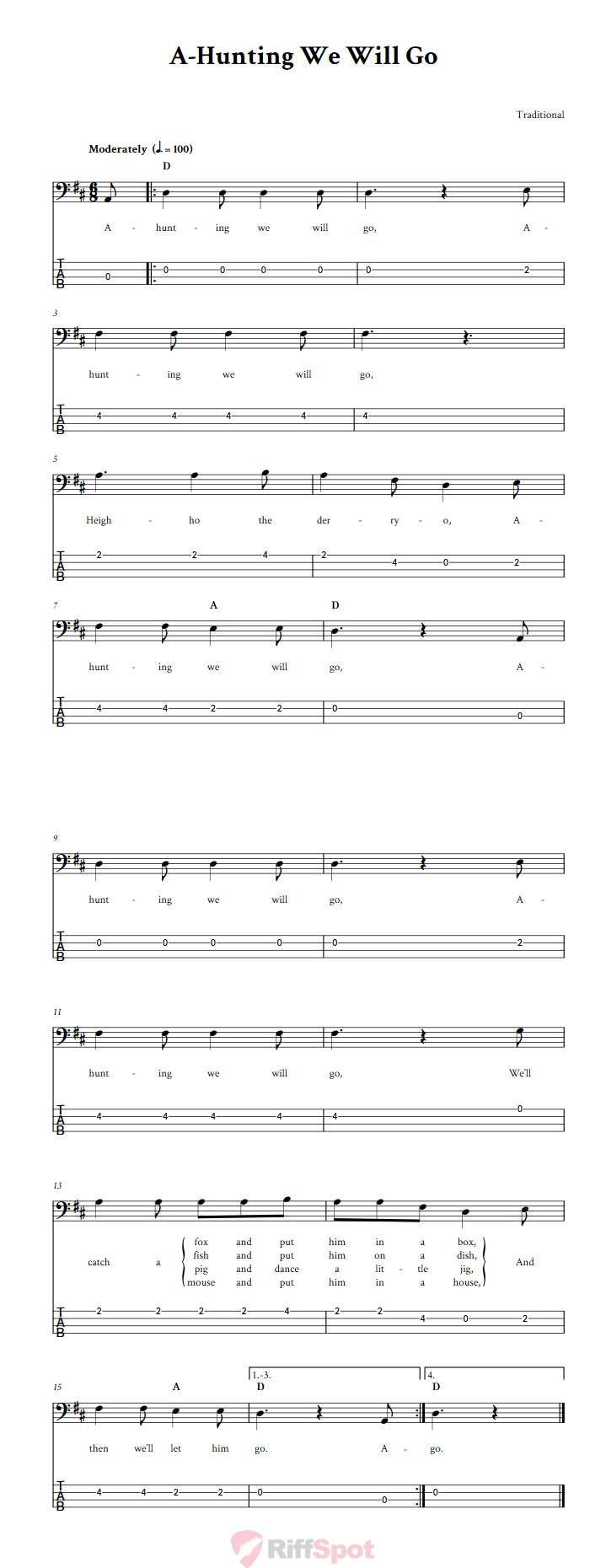 A-Hunting We Will Go Bass Guitar Tab