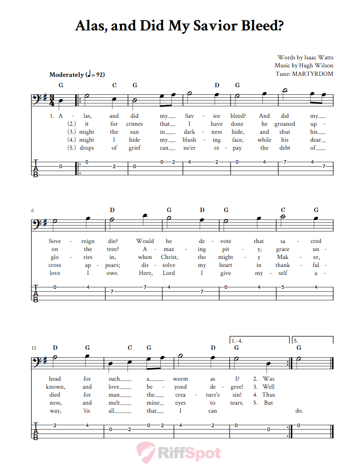 Alas, and Did My Savior Bleed  Bass Guitar Tab