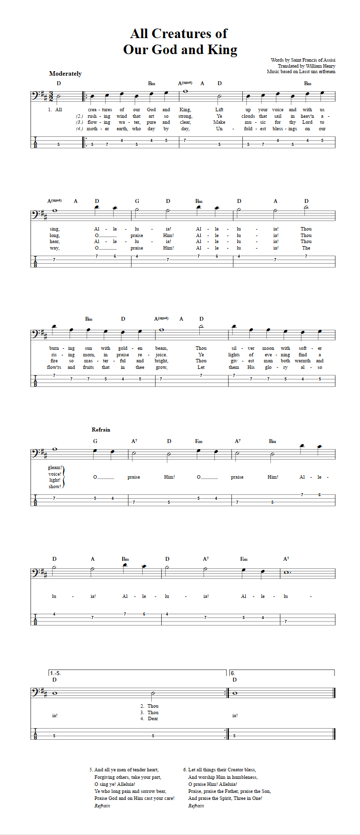 All Creatures of Our God and King  Bass Guitar Tab