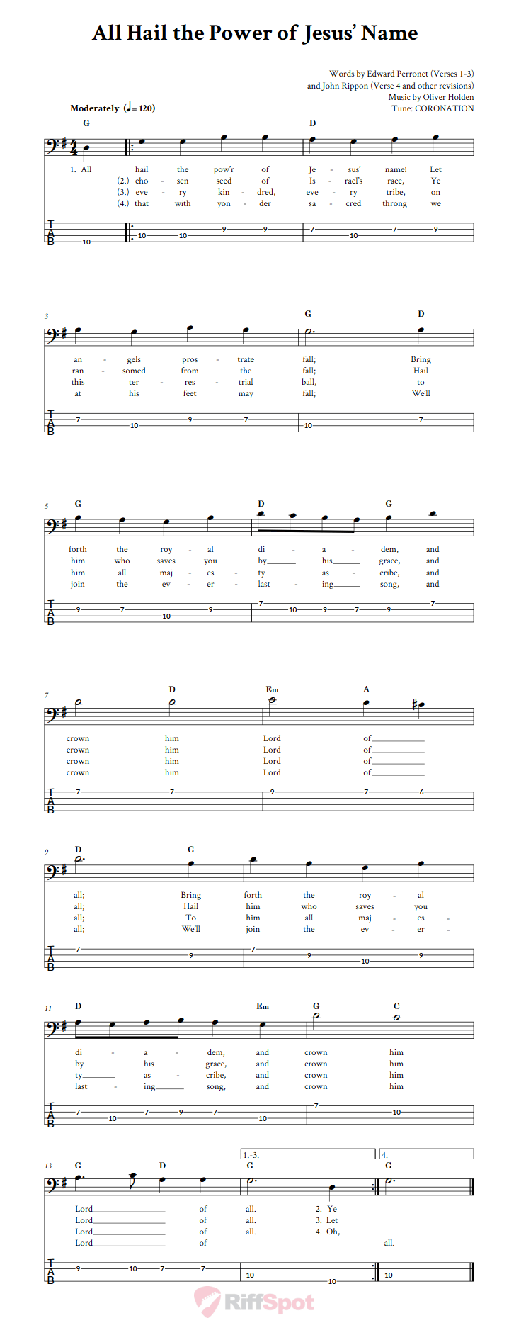 All Hail the Power of Jesus' Name  Bass Guitar Tab