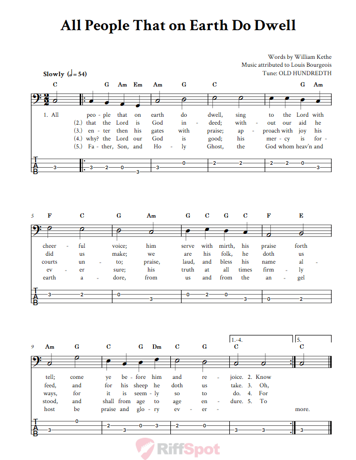 All People That On Earth Do Dwell  Bass Guitar Tab