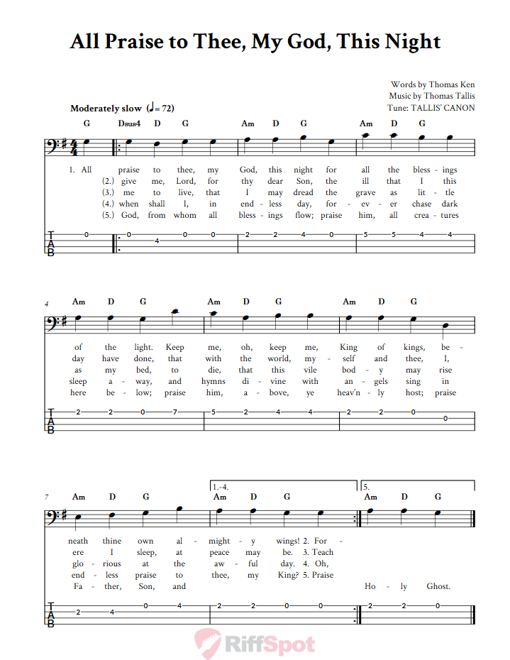 All Praise to Thee, My God, This Night  Bass Guitar Tab