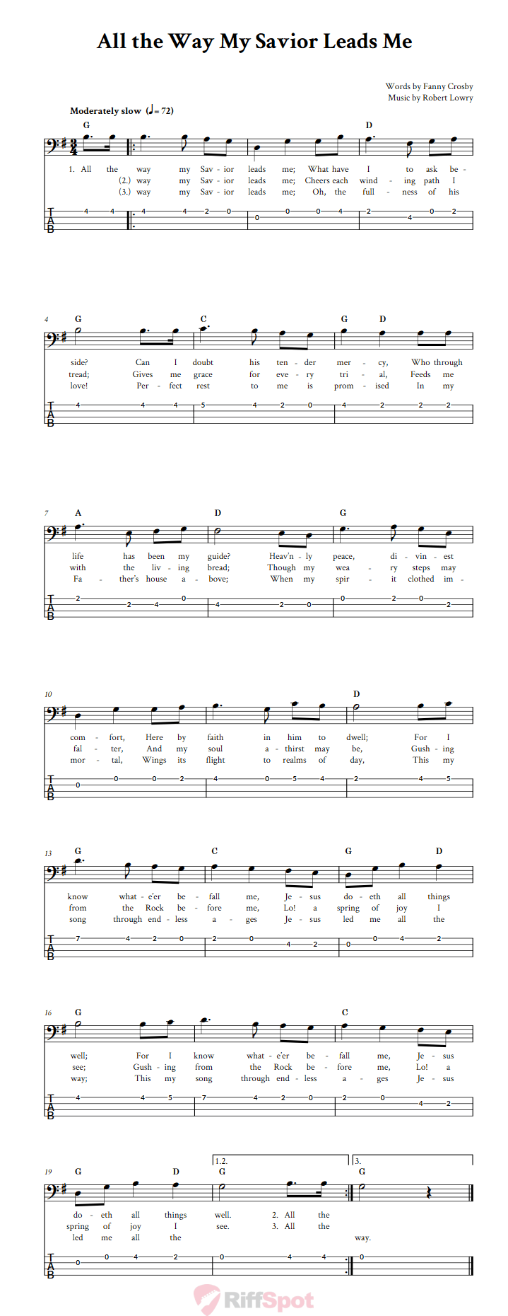 All the Way My Savior Leads Me  Bass Guitar Tab