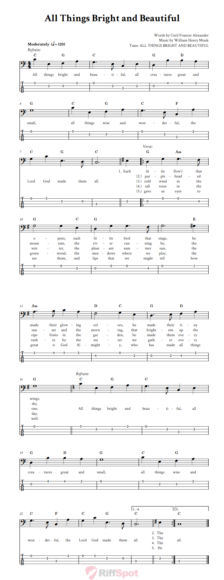 All Things Bright and Beautiful  Bass Guitar Tab