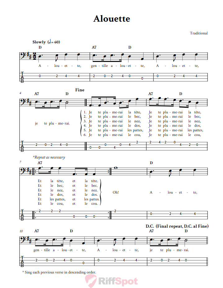 Alouette Bass Guitar Tab
