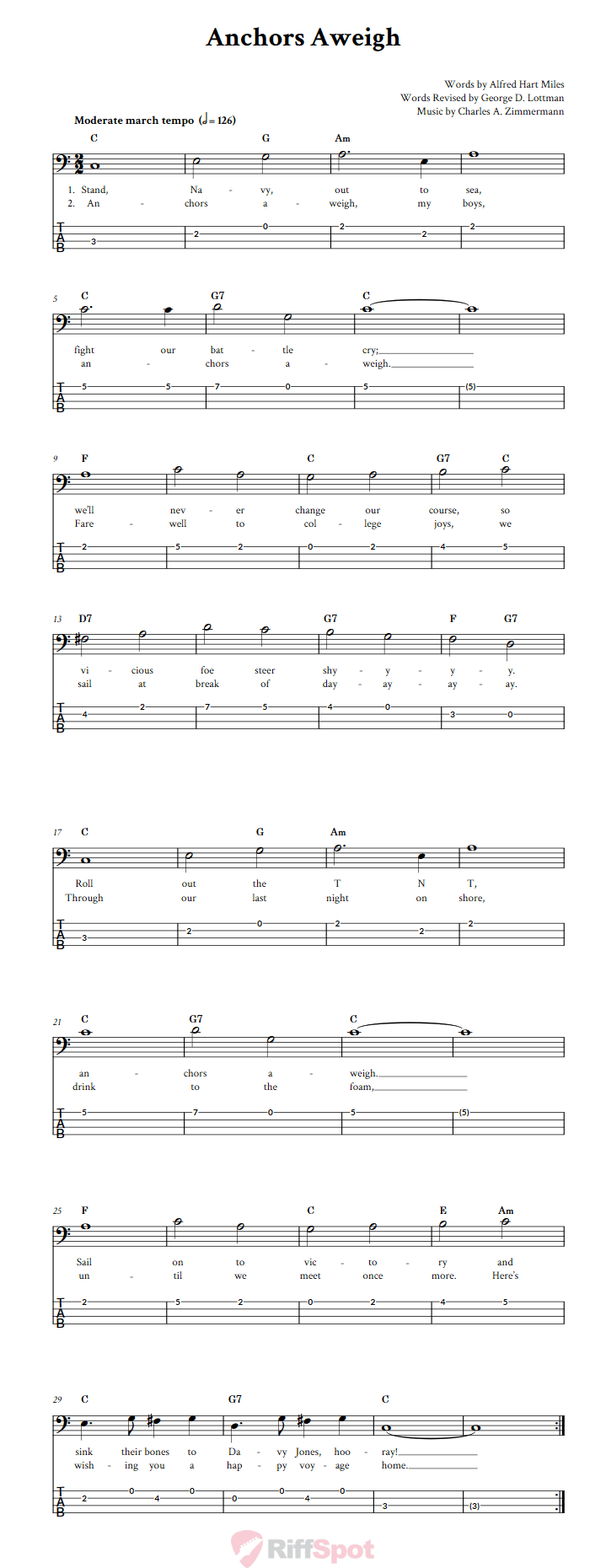 Anchors Aweigh  Bass Guitar Tab