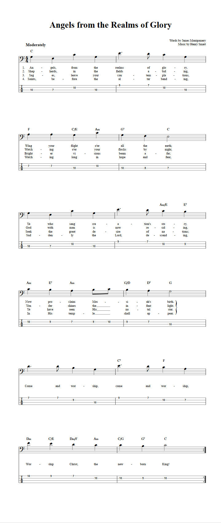 Angels from the Realms of Glory  Bass Guitar Tab