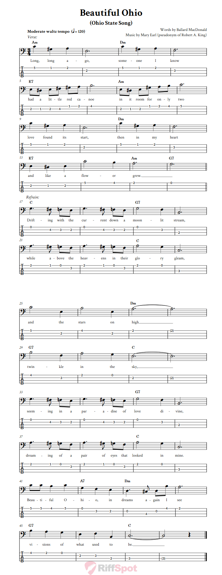 Beautiful Ohio  Bass Guitar Tab