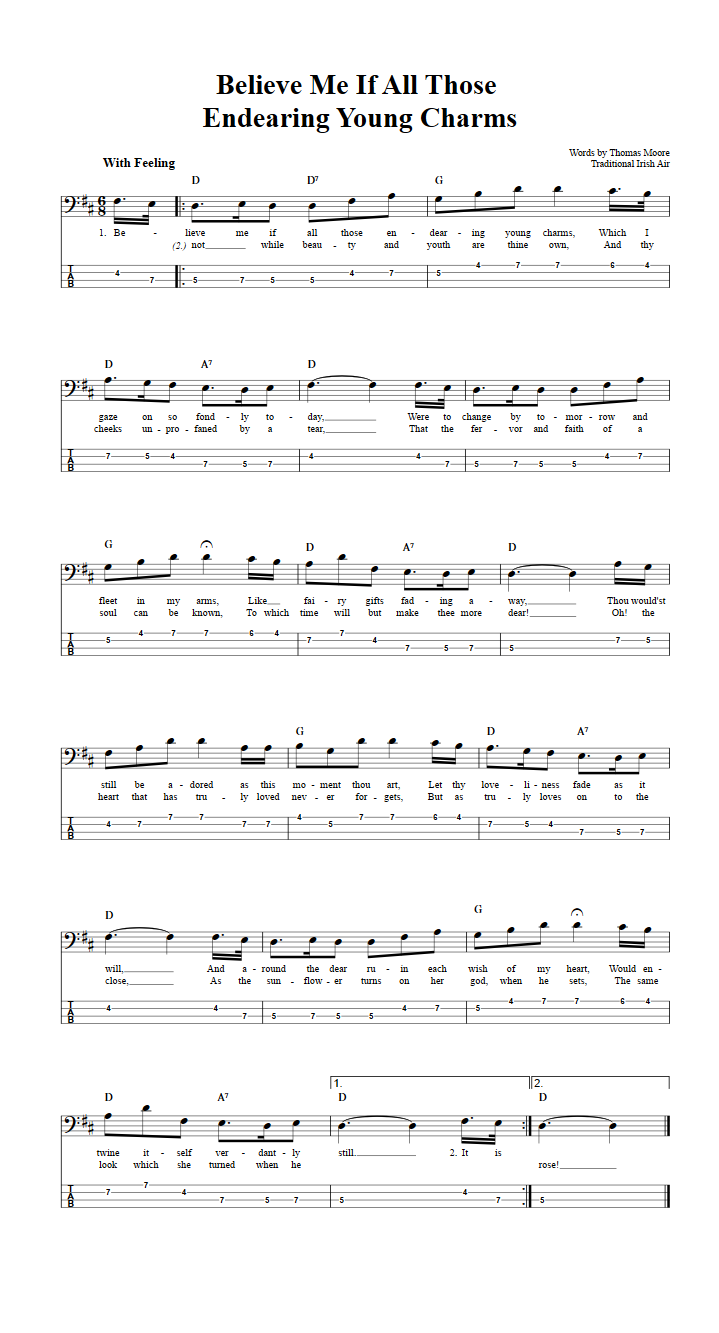Believe Me If All Those Endearing Young Charms  Bass Guitar Tab