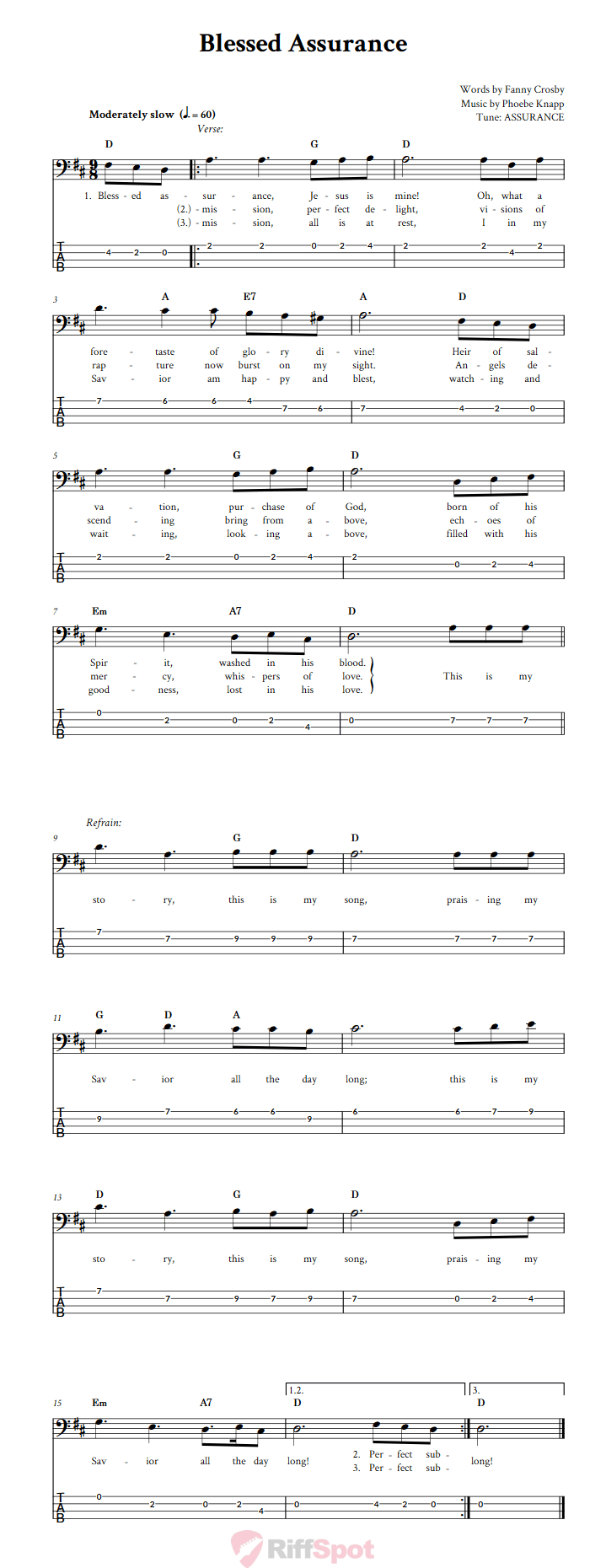 Blessed Assurance  Bass Guitar Tab