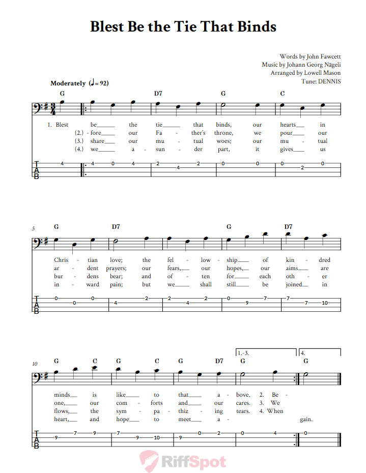 Blest Be The Tie That Binds  Bass Guitar Tab