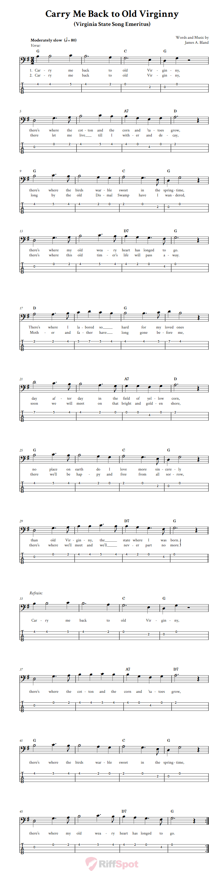 Carry Me Back to Old Virginny  Bass Guitar Tab