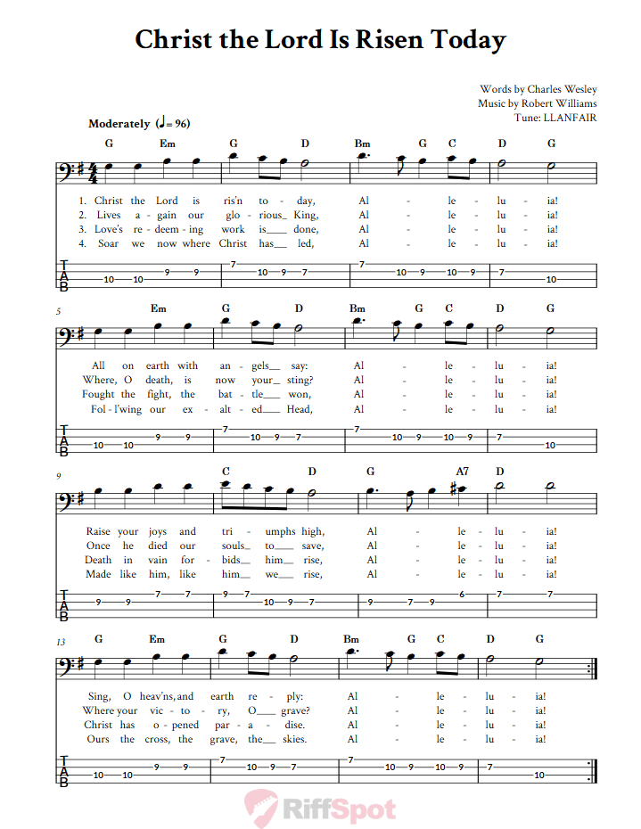 Christ the Lord Is Risen Today  Bass Guitar Tab