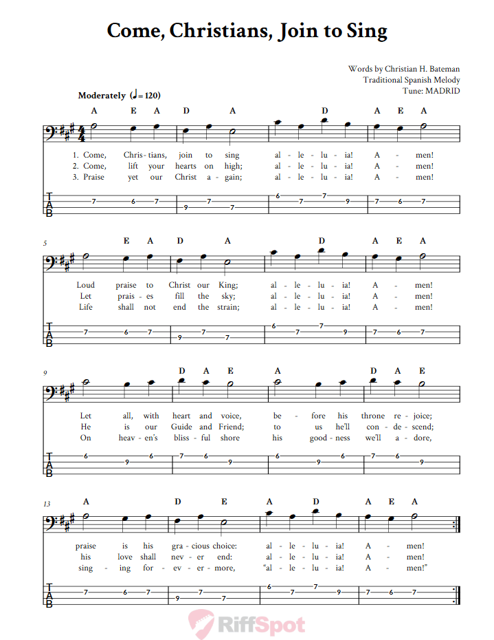 Come, Christians, Join to Sing  Bass Guitar Tab