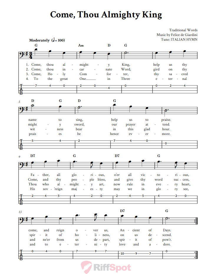 Come, Thou Almighty King  Bass Guitar Tab