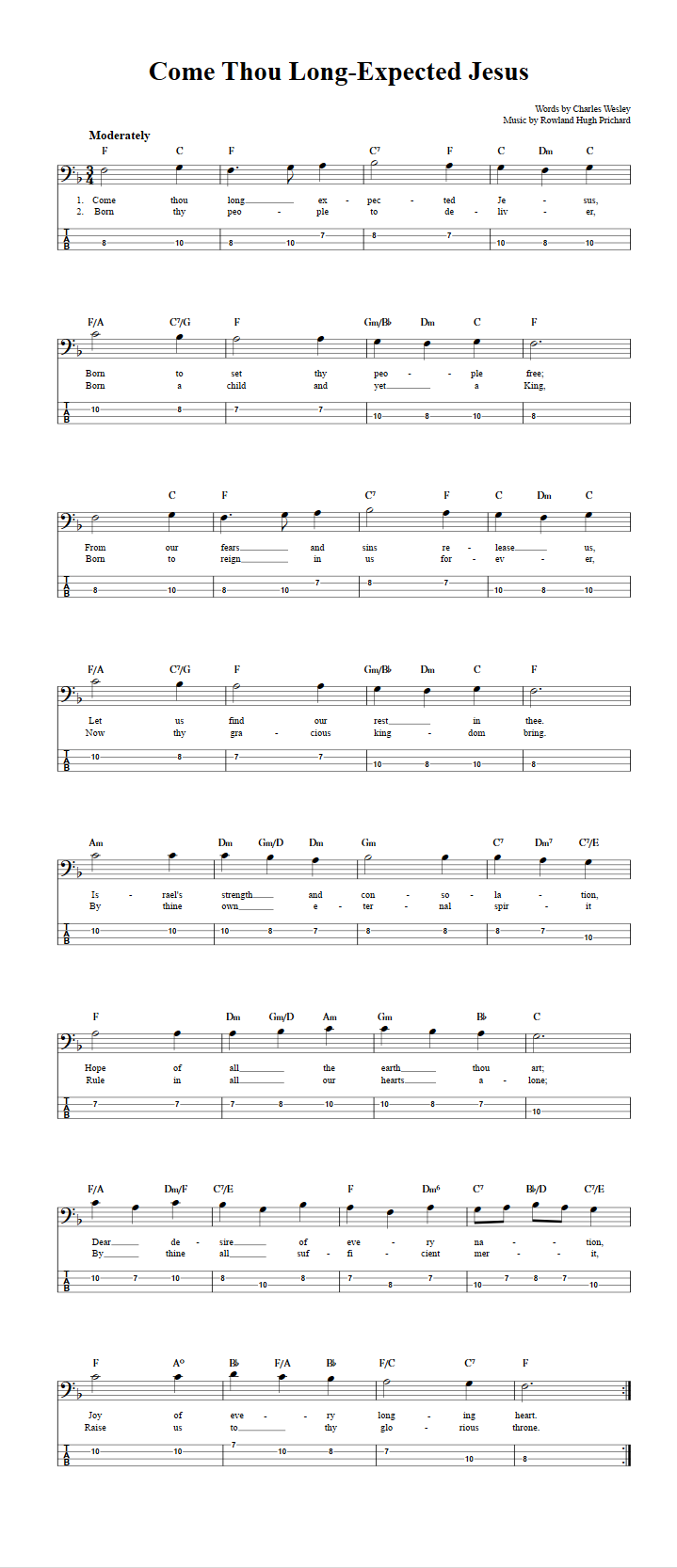 Come Thou Long-Expected Jesus  Bass Guitar Tab