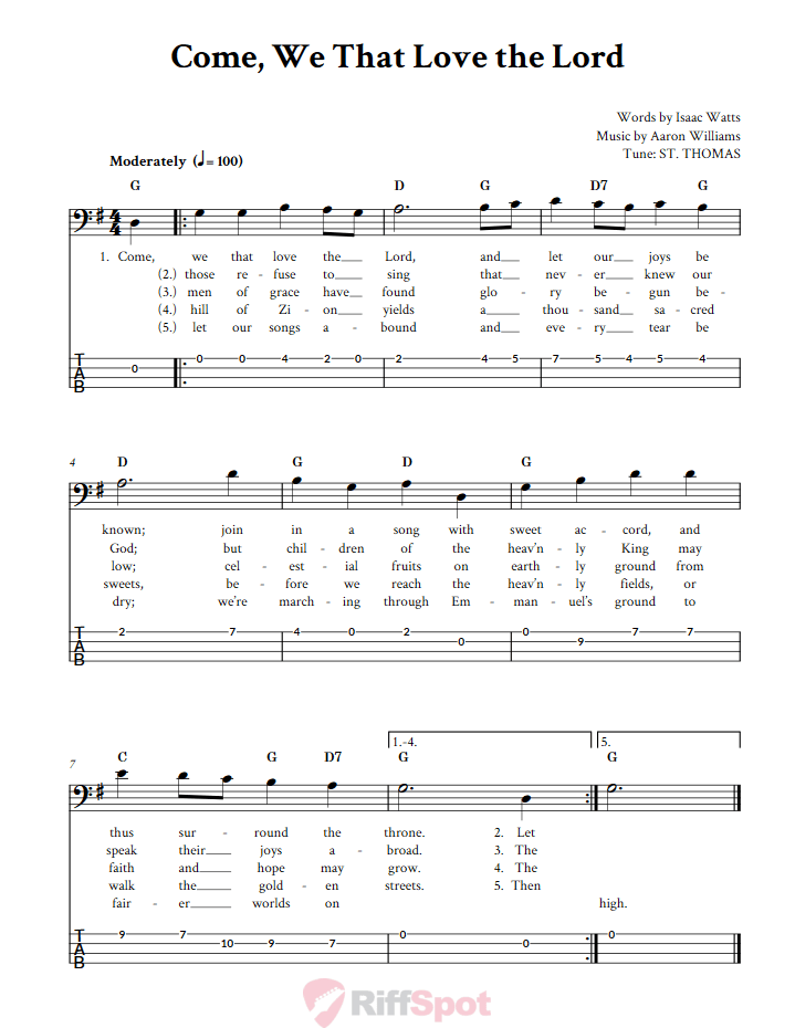 Come, We That Love the Lord  Bass Guitar Tab