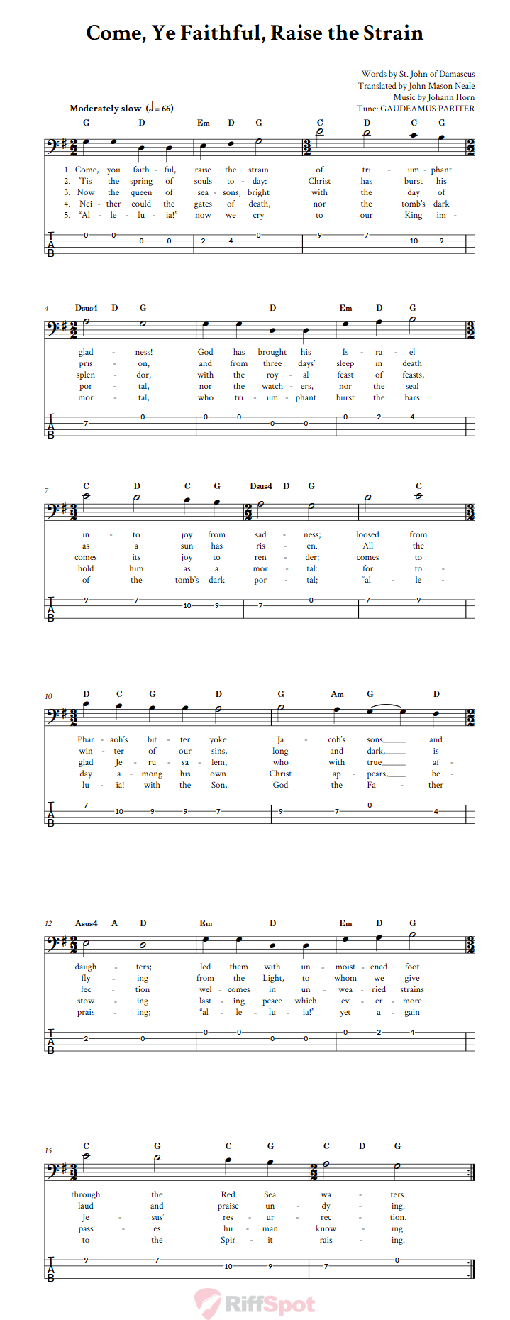 Come, Ye Faithful, Raise the Strain  Bass Guitar Tab