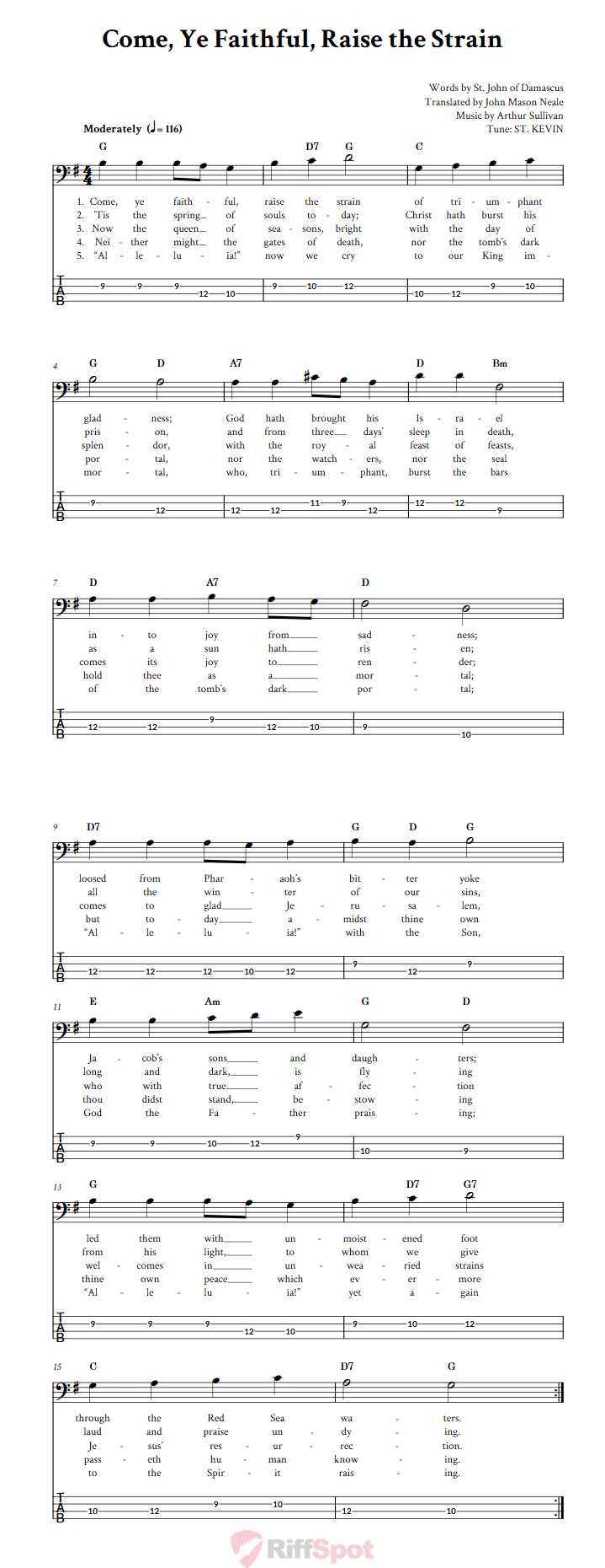 Come, Ye Faithful, Raise the Strain  Bass Guitar Tab