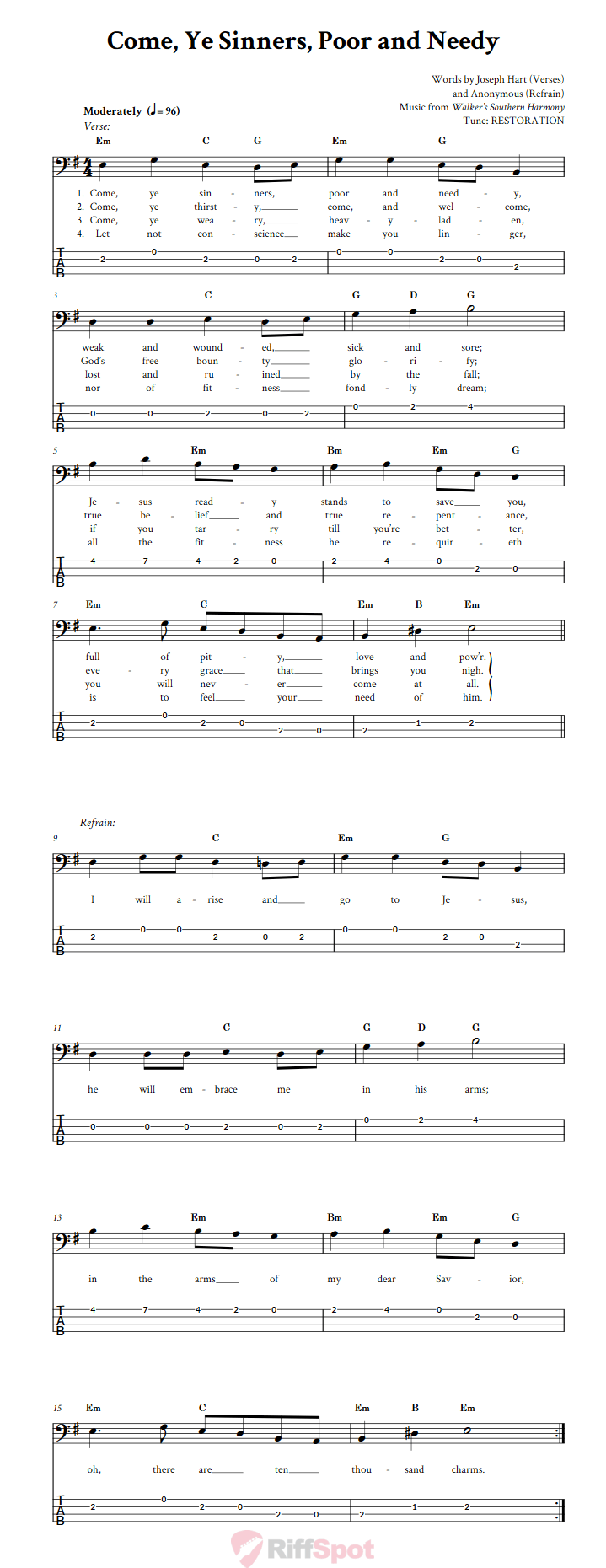 Come, Ye Sinners, Poor and Needy  Bass Guitar Tab