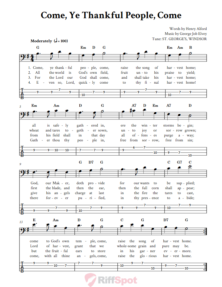 Come, Ye Thankful People, Come  Bass Guitar Tab