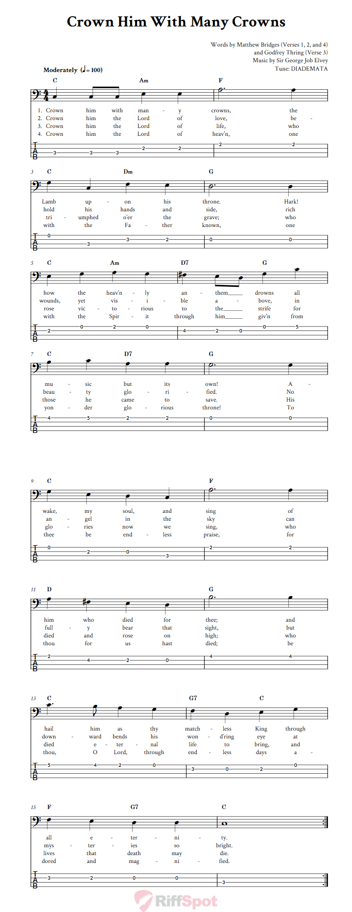 Crown Him with Many Crowns  Bass Guitar Tab