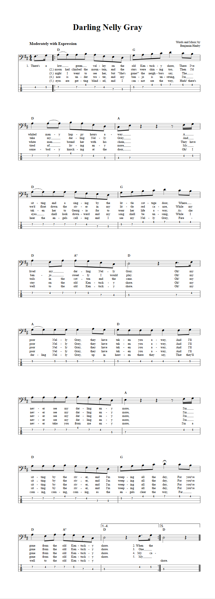 Darling Nelly Gray  Bass Guitar Tab