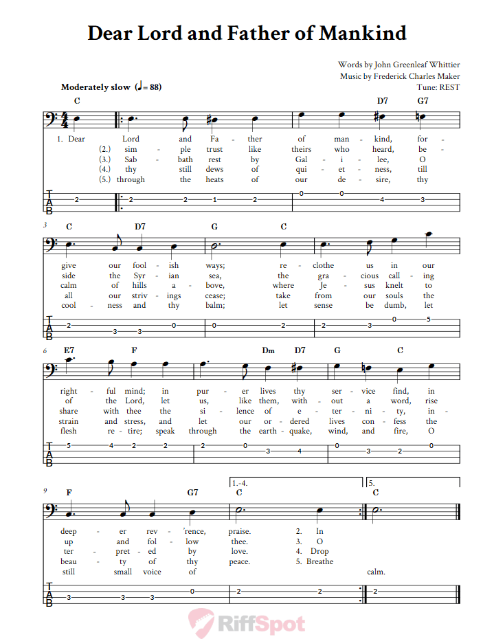 Dear Lord and Father of Mankind  Bass Guitar Tab