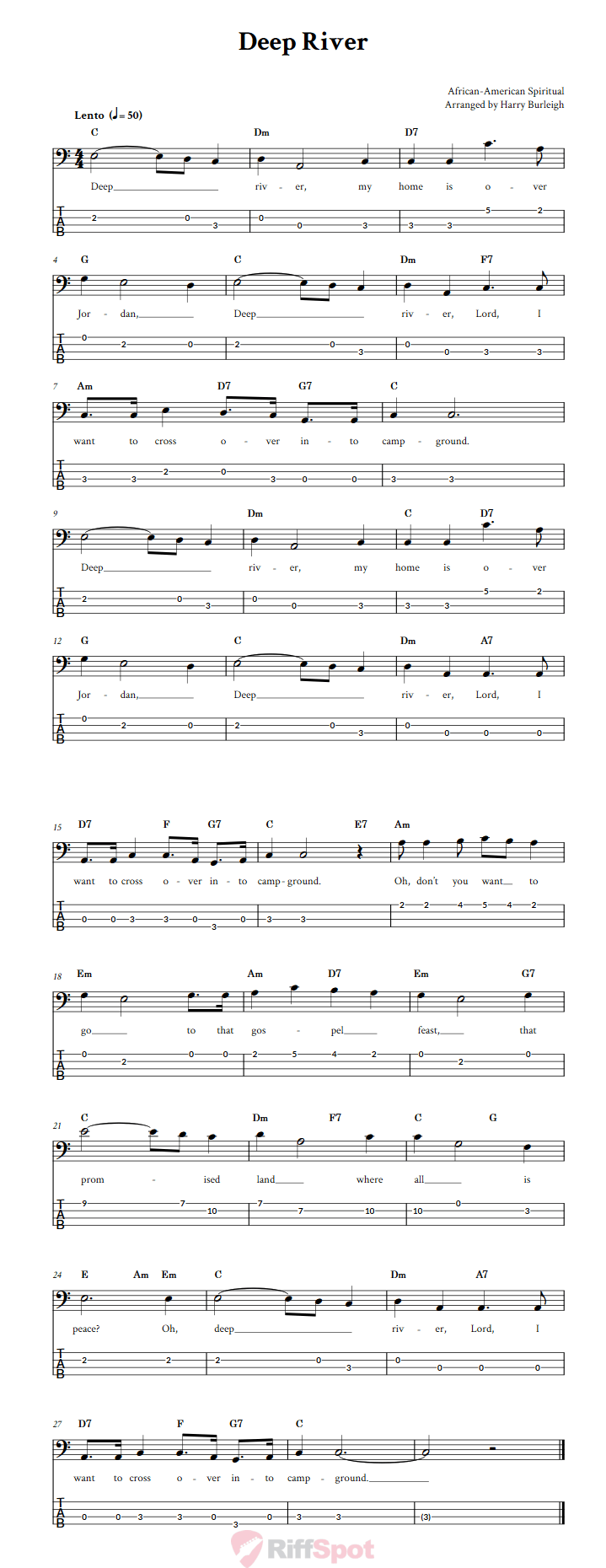 Deep River  Bass Guitar Tab