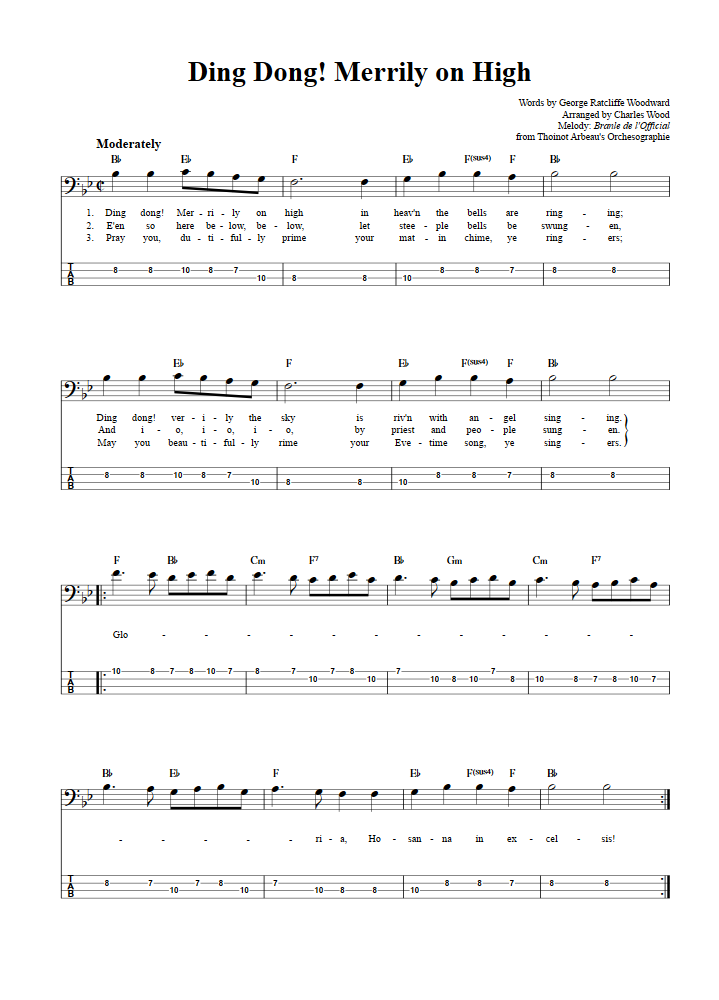 Ding Dong! Merrily on High  Bass Guitar Tab