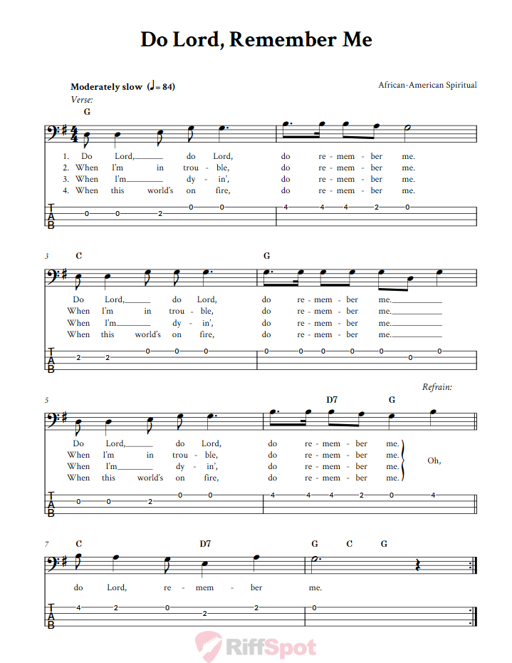 Do Lord, Remember Me  Bass Guitar Tab