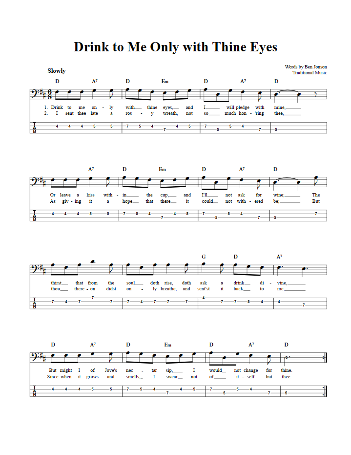 Drink to Me Only with Thine Eyes  Bass Guitar Tab