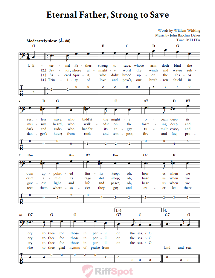 Eternal Father, Strong to Save  Bass Guitar Tab