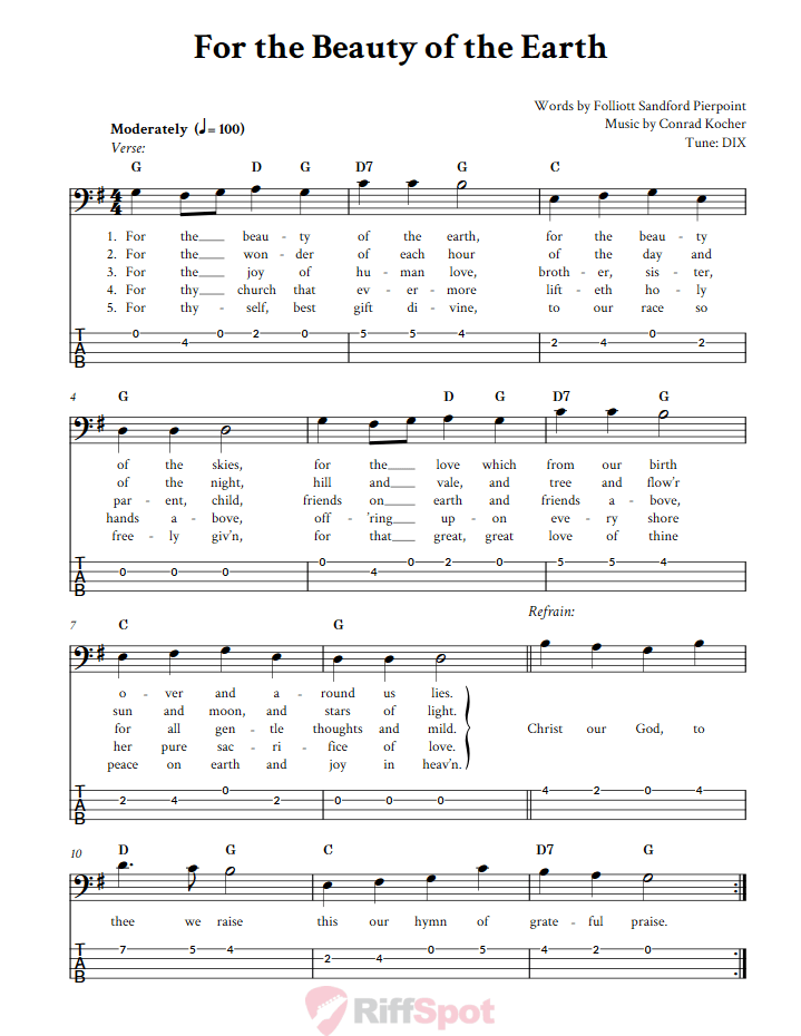 For the Beauty of the Earth  Bass Guitar Tab