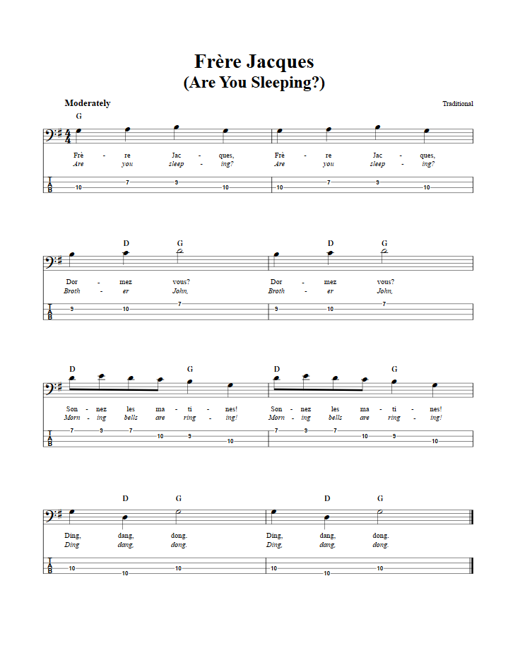 Frere Jacques  Bass Guitar Tab