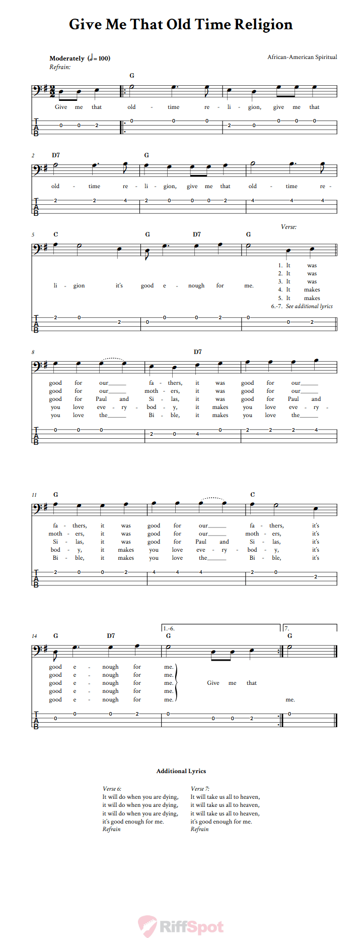 Give Me That Old Time Religion  Bass Guitar Tab